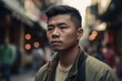 Young round faced Asian guy outdoor portrait. Boy teenager with rotund face on town street. Generate ai
