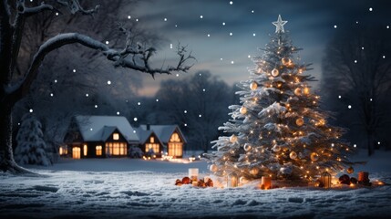 Wall Mural - Seven strings of lights decorated Christmas tree, snow, night,