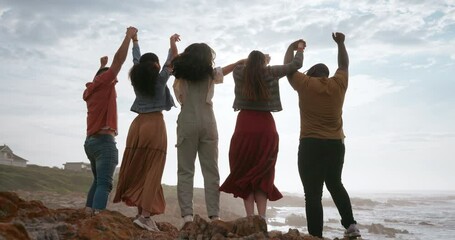 Poster - Group, holding hands or back of friends at beach for celebration on holiday vacation in summer together. Rhythm, wellness or happy people in nature for support, outdoor freedom or bond with energy