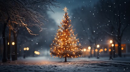 Canvas Print - Seven strings of lights decorated Christmas tree, snow, night,