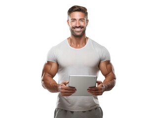 Wall Mural - Smiling fitness instructor holding tablet, cut out