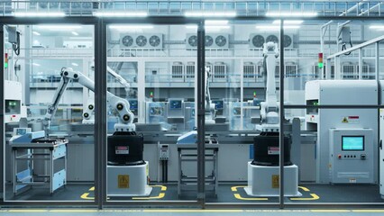 Leinwandbilder - Robotic Arm Conveyor Line Manufacturing Industrial Electronic Devices. Automated AI Assembly Line Producing High-Tech Products for Information Technology Industry. Time-Lapse Dolly Style 3D Footage