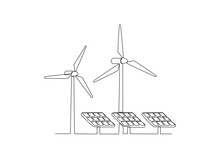 Single Continuous Line Drawing Of Renewable Energy Windmills And Solar Panels. Energy Industrial Modern Single Line Draw Design Vector Graphic Illustration
