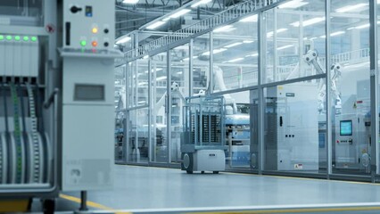 Leinwandbilder - Automated Support Vehicles Transport Electrical Components, Circuit Boards and Microchips. Separate Facility with an Assembly Line Producing High Quality Precise Equipment with Robotic Arms