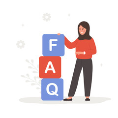 Wall Mural - frequently asked questions concept. arab woman with large cubes with letters faq. customer support a