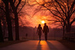 Romantic sunset stroll in a park