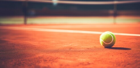 Wall Mural - Tennis ball on tennis clay court with soft focus at sunset  Tennis tournament concept horizontal wallpaper background, copy space for text 