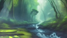 Mysterious Forest Within Fantasy. Mist And Flowing River Accompanied By Flying Creatures. Digital Painting Illustration Style. Video Animation Background. Motion Graphic. 