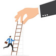 Overcome business obstacle, barrier or difficulty, challenge to solve business problem and see opportunity concept, ambitious businessman about to climb up ladder to overcome giant hand stopping him.

