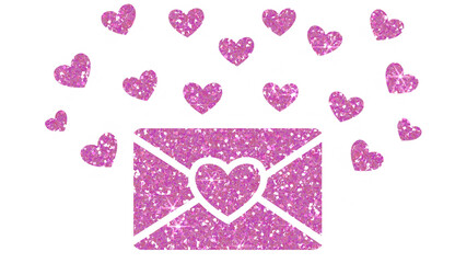 Wall Mural - pink glitter envelope and hearts on transparent background.