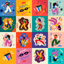 Carnival Party. Carnival Collection Of Colorful Cards. Design For Brazil Carnival. Beautiful Holiday Vector Illustration With Dancing People.
