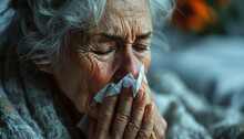 Senior Woman Having A Cold And Wiping Her Nose. Covered With Blanket Blowing Running Nose Sneeze In Tissue Suffer From Allergy Flu, Allergic Old Lady Hold Handkerchief Got Hay Fever, Allergy Concept
