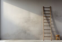 A Ladder Leaning Against A Brick Wall. Minimalism, The Path To Success. Stairs.