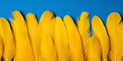 Poster - a lot of blue feathers on a bright yellow background, as a carrier, repetition, space : Generative AI