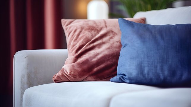 Close up of a fabric sofa with styled cushions and throw : Generative AI