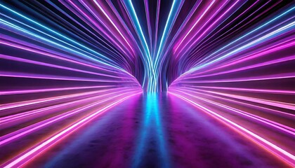 Wall Mural - 3d render abstract panoramic neon background bright purple violet pink lines glowing in ultraviolet light