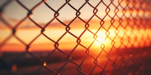 Fototapete - Beautiful sunset through a wire fence : Generative AI