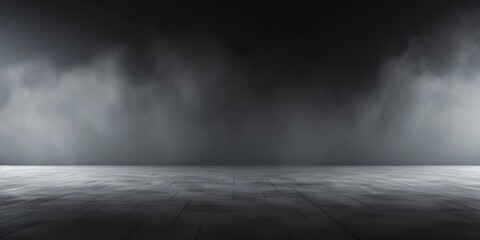 Poster - Abstract image of dark room concrete floor. Black room or stage background for product placement.Panoramic view of the abstract fog. White cloudiness, mist or smog moves on black backg : Generative AI