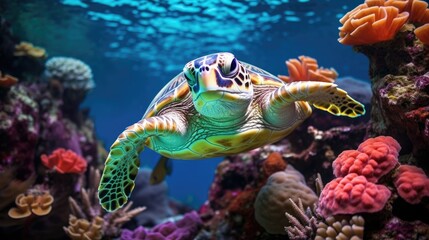  A curious turtle peeking out from behind a cluster of colorful coral