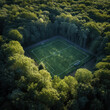 Aerial view of a soccer field in the forest. View from above.