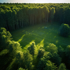 Wall Mural - Aerial view of a green field in the middle of a forest