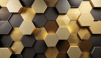 Poster - abstract futuristic luxurious digital geometric technology hexagon background banner illustration 3d glowing gold brown gray and black hexagonal 3d shape texture wall generative ai