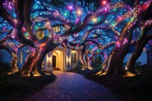 Avenue Of Light - Colorful Display Of Strings And Lights On Trees