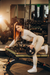 Wall Mural - Sportswoman doing exercises with dumbbells in gym.