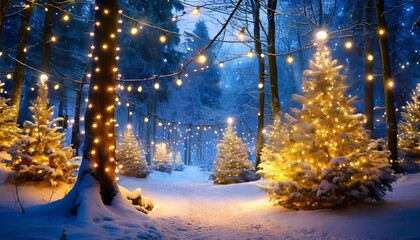 Wall Mural - christmas wonderland magical forest with glowing lights and festive trees