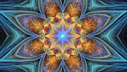 Poster - blue star orange star a digital fractal image with an optically challenging pointed geometric star design in blue orange yellow red and violet