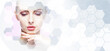 © Acronym - Portrait of healthy and beautiful woman. Female face in honeycomb texture. Young girl in plastic surgery, medicine, spa and face lifting concept.
