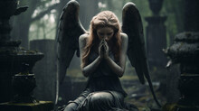 Praying Angel In A Cemetery With Tombstones