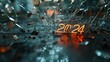 smashed glass on concrete floor with 2024 new year neon logo