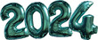 Shiny teal-colored balloon numbers of the year 2024 isolated on transparent background. Vertical dimensions, mobile format.