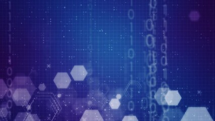 hexagon shape with abstract geometric moving motion particles data binary code for technology futuristic background design. Clean hexagonal digital element pattern with empty space animation video.