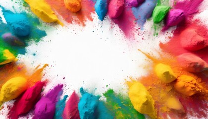 Wall Mural - frame border with copy space of colorful rainbow holi paint color powder explosion isolated white background