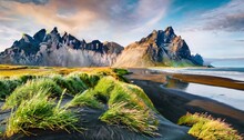 Majestic Summer Scene Of Stokksnes Headland With Vestrahorn Batman Mountain On Background Unbelievable Evening View Of Iceland Europe Beauty Of Nature Concept Background