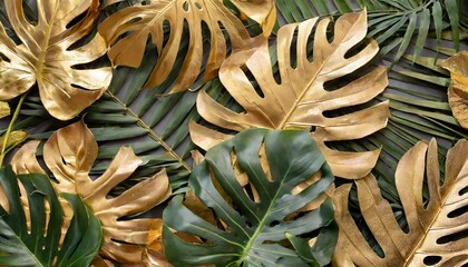 Wall Mural - closeup nature view of gold tropical monstera and palm leaves creative nature pattern background flat lay