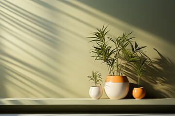 Interior limpio y sencillo de una pared con plantas en el frente. Sombras y luces .