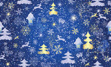 Vector Hand Drawn Seamless Pattern With A Fairytale Christmas Forest With Hares, Butterflies, Huts, Snowflakes And A Bright Christmas Star