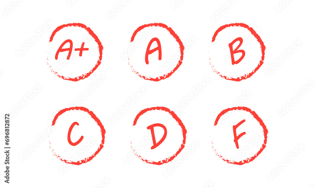 Letter grades icons. Flat, red, school grades icons, A+, A, B, C, D, F ...