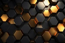 Abstract Futuristic Luxurious Digital Geometric Technology Hexagon Background Banner Illustration 3d - Glowing Gold, Brown, Gray And Black Hexagonal 3d Shape Texture Wall