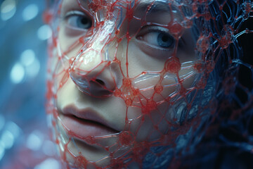 Aufkleber - Close-up of a person surrounded by abstract neural connectivity patterns, illustrating the interconnected and collaborative nature of brain design.