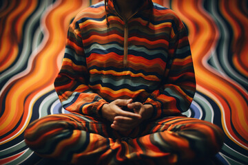 Fototapete - Close-up of a person at an elevated position in a meditative pose within abstract mindfulness patterns, symbolizing the elevated and focused mindset in mindful design thinking.