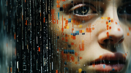 Poster - Close-up of a person surrounded by a cascade of abstract cognitive processing patterns, illustrating the flowing and abundant nature of AI computations.