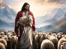 Jesus Carrying A Sheep In His Arms. Biblical Story Theme Concept.