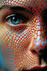 Aufkleber - Close-up of a person on an odyssey amidst abstract patterns inspired by medical technology, illustrating the collaborative and interconnected nature of advancements in healthcare.