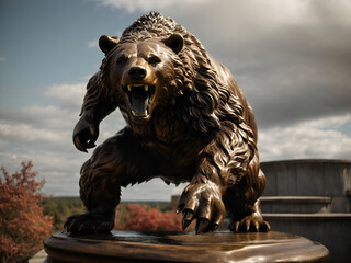 Bronze statue of a threatening bear with its mouth open