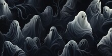 Halloween Wallaper Illustration Texture - Different Scary White Ghosts On Dark Black Night Background, Seamless Pattern
