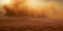 Sandstorm In Desert. Wind And Orange Sand Clouds. Dunes Landscape. Generative AI